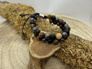 Bracelet Onyx & oeil de tigre & Hématite Double
