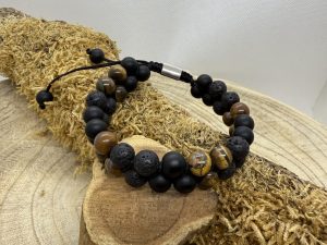 Bracelet Onyx & oeil de tigre & Pierre de lave Double